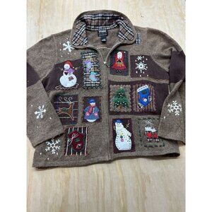 Studio Fa la la Christmas Sweater Zip Up Embroidered SZ S Patches Wool Blend